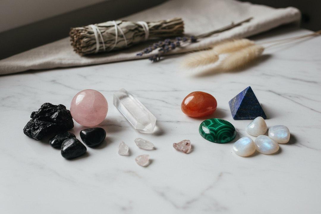  Flat lay of multiple crystals including black tourmaline, rose quartz, clear quartz, carnelian, lapis lazuli, malachite, and moonstone arranged in separate groupings on white marble with soft natural light and dried botanicals