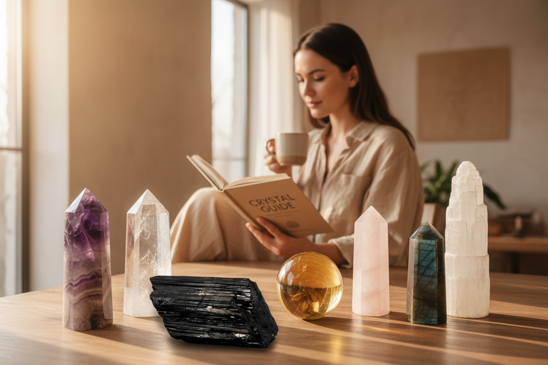 A woman drinks coffee and reads a crystal guide book at a cozy table surrounded by large essential crystals including amethyst tower, clear quartz, rose quartz, black tourmaline, citrine sphere, labradorite, and selenite in warm natural light.