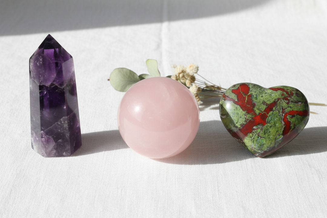 Bloodstone, Amethyst, and Rose Quartz healing crystals arranged on white linen with soft natural lighting and dried botanicals.