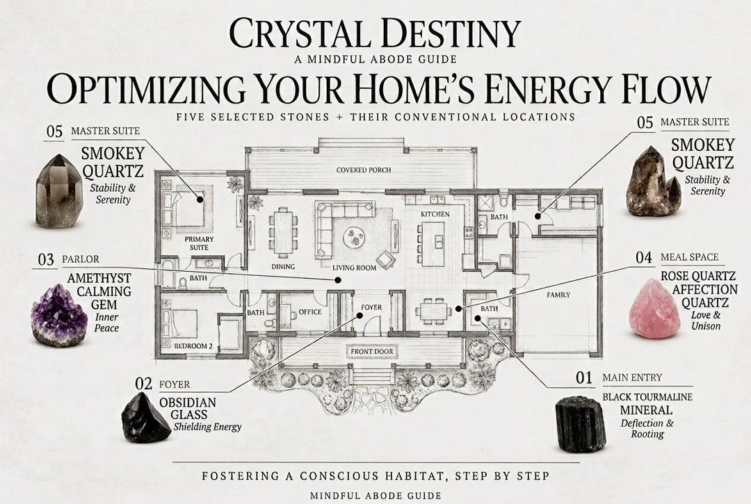 A diagram of a house room layout showing what crystals are best placed in what rooms.