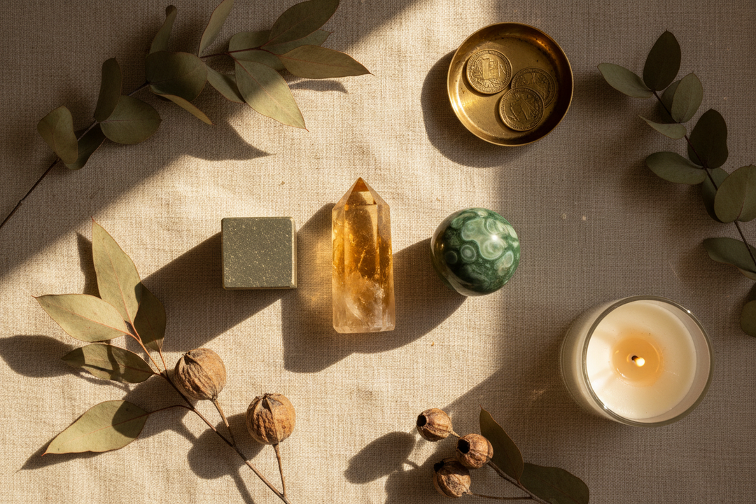 Citrine point, green malachite sphere, and gold coins on linen with eucalyptus, symbolizing abundance.