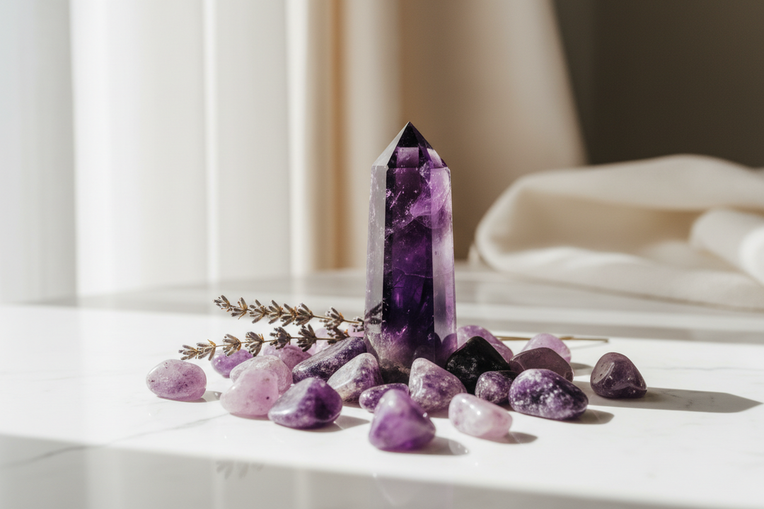 Amethyst crystal tower with tumbled amethyst stones and dried lavender on a marble surface