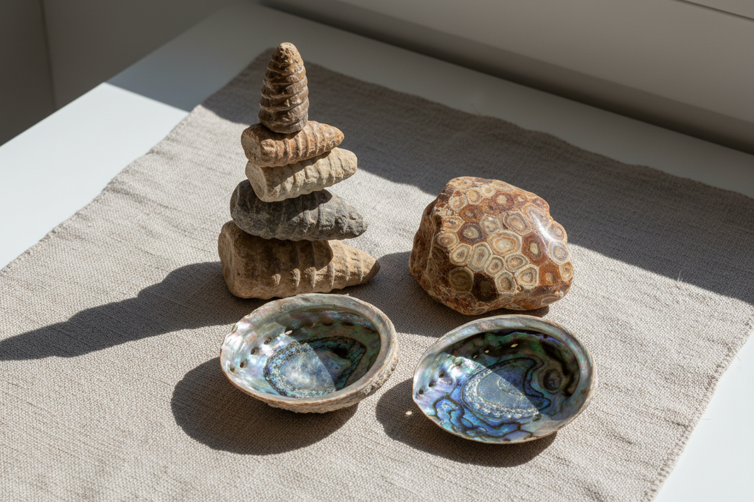 Orthoceras fossil tower, agatized coral, and iridescent abalone shells on a natural linen cloth.