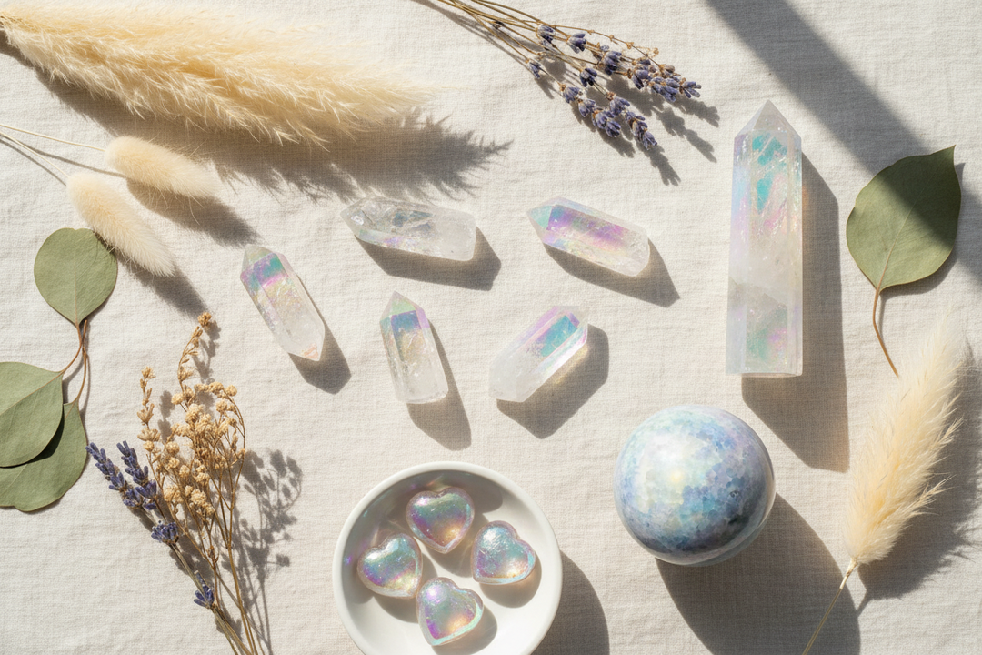 Angel Aura quartz crystal tower and sphere with iridescent rainbow shimmer, arranged on white linen with dried botanicals, soft natural light, spa-inspired editorial flat lay