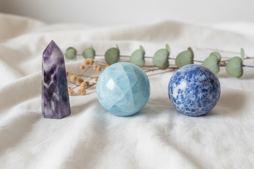 Amethyst tower, Celestite sphere, and Sodalite sphere arranged on white linen with dried botanicals — crystals for anxiety relief and calm