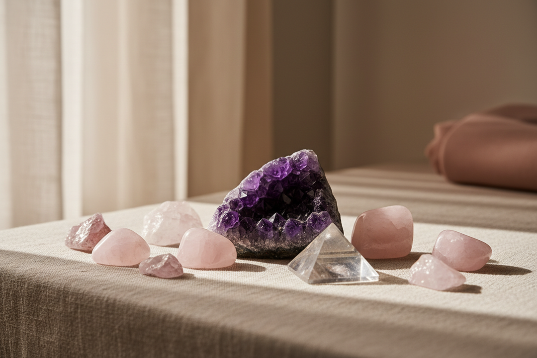 Amethyst geode, rose quartz, and clear quartz pyramid on a light fabric surface, reflecting spiritual healing.
