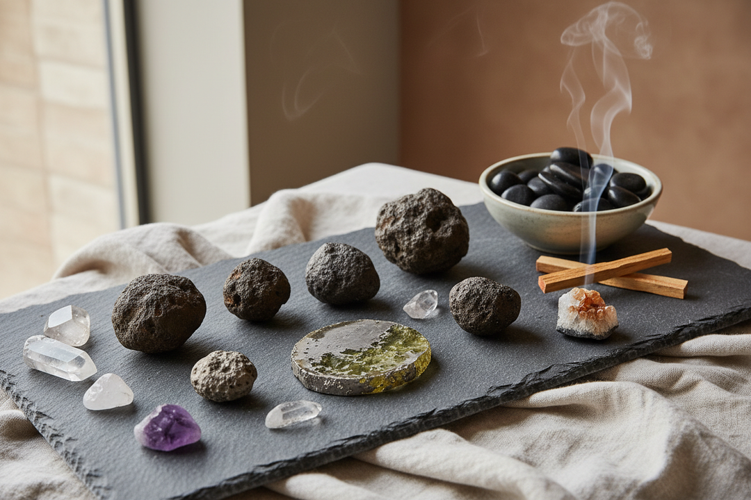 Assortment of rough meteorites, clear quartz, amethyst, and other crystals on a slate board with palo santo and incense.
