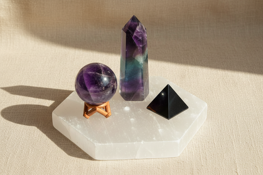 A bright, airy flat lay of work desk crystals including a rainbow fluorite tower, amethyst sphere, black tourmaline pyramid, and selenite hexagonal charging plate, arranged on warm neutral linen with soft natural light.