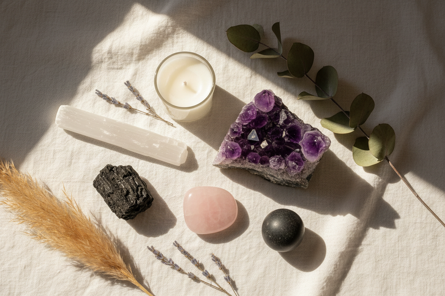 Amethyst, selenite, black tourmaline, rose quartz, and shungite meditation crystals arranged on white linen with a candle and dried botanicals