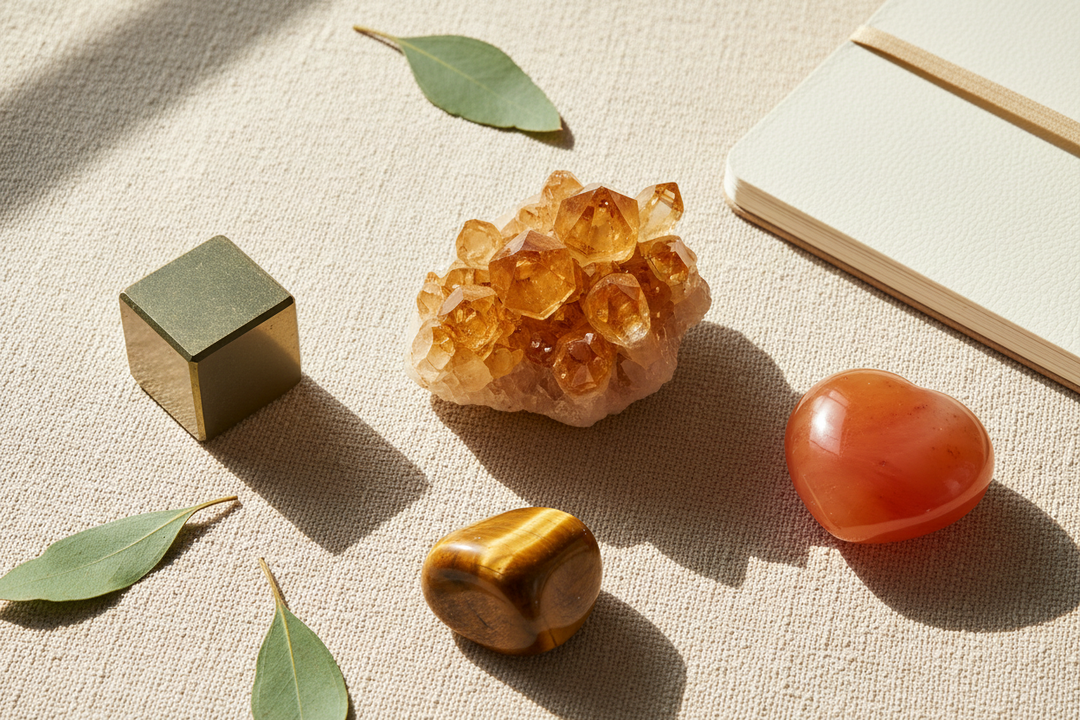 Golden citrine cluster, tiger's eye, and carnelian heart for new job opportunities, by Crystal Destiny.
