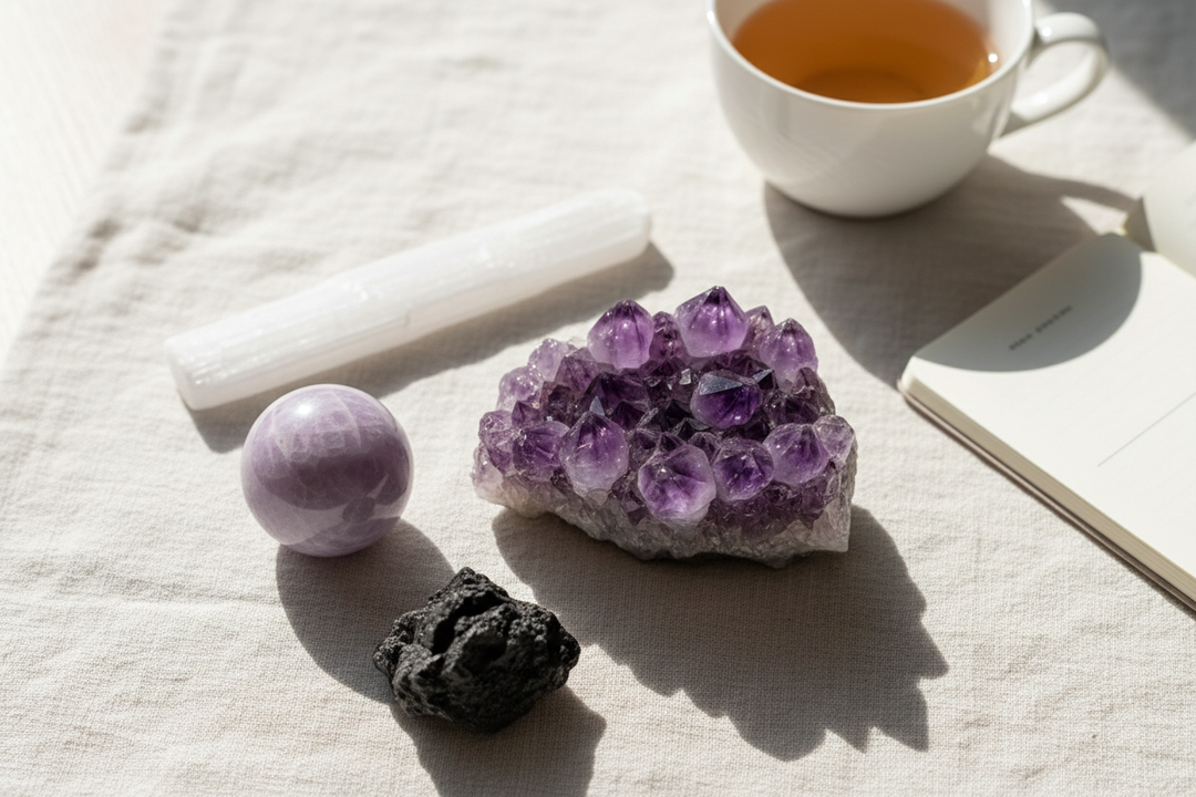 A bright, airy flat lay of stress-relief crystals including amethyst, lepidolite, selenite, and black tourmaline on white linen with natural morning light.