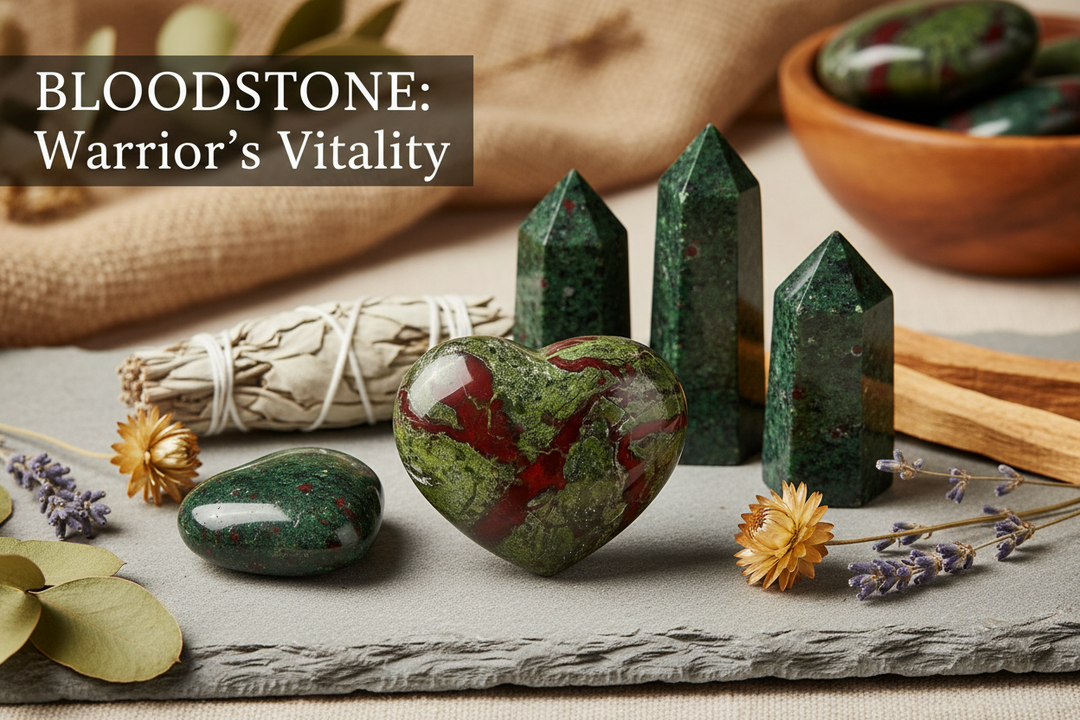 Polished bloodstone crystals: heart, palm stone, and towers, with sage and lavender for courage and vitality.