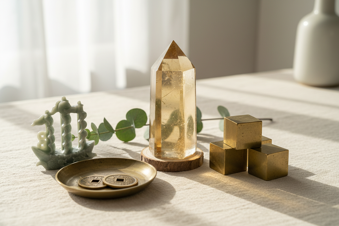 Golden Citrine tower, glittering Pyrite cube, and green Jade sailboat arranged on cream linen in soft morning light, symbolizing business success and prosperity