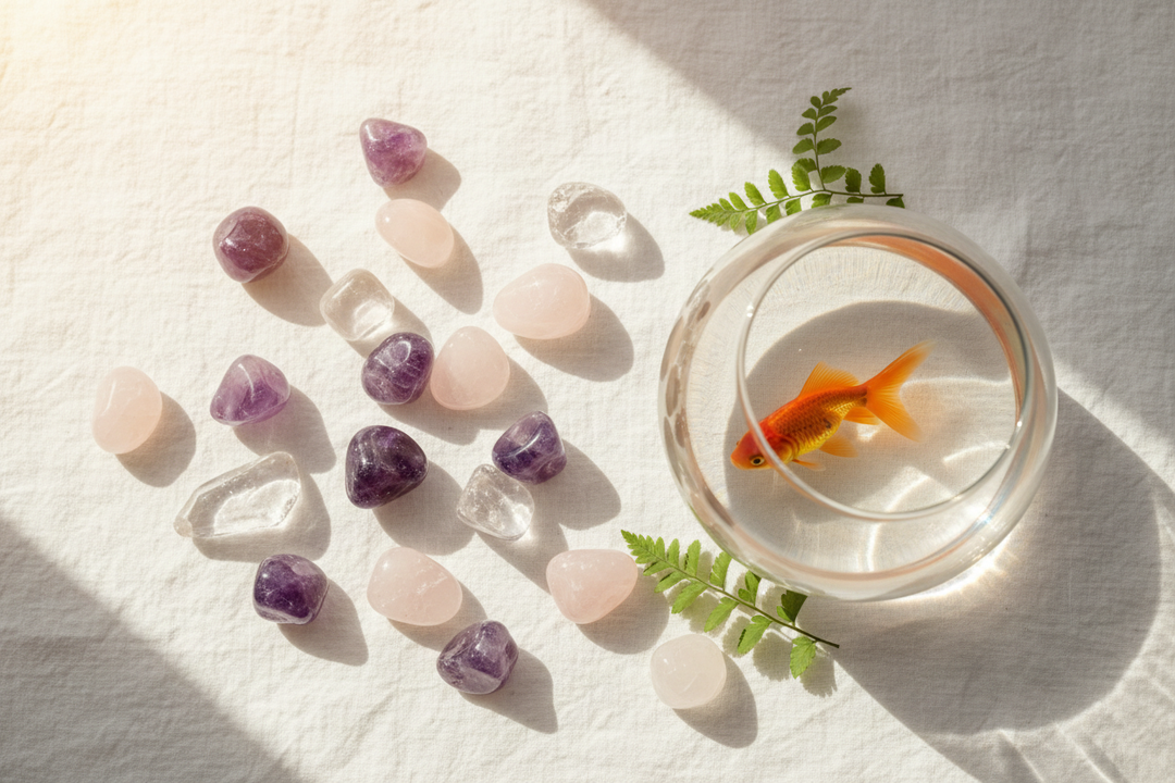 Polished amethyst, clear quartz, and rose quartz crystals arranged beside a small glass fish bowl with a goldfish, natural light, warm neutral background