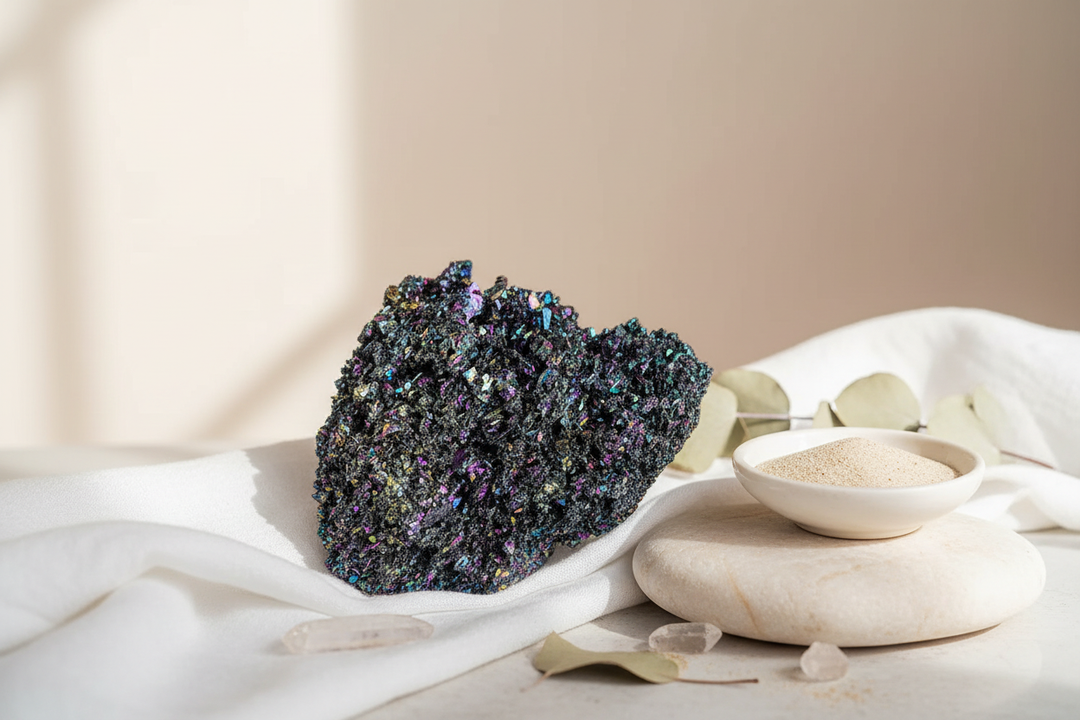 Iridescent black Carborundum crystal with rainbow hues, sand, and clear quartz on white fabric.