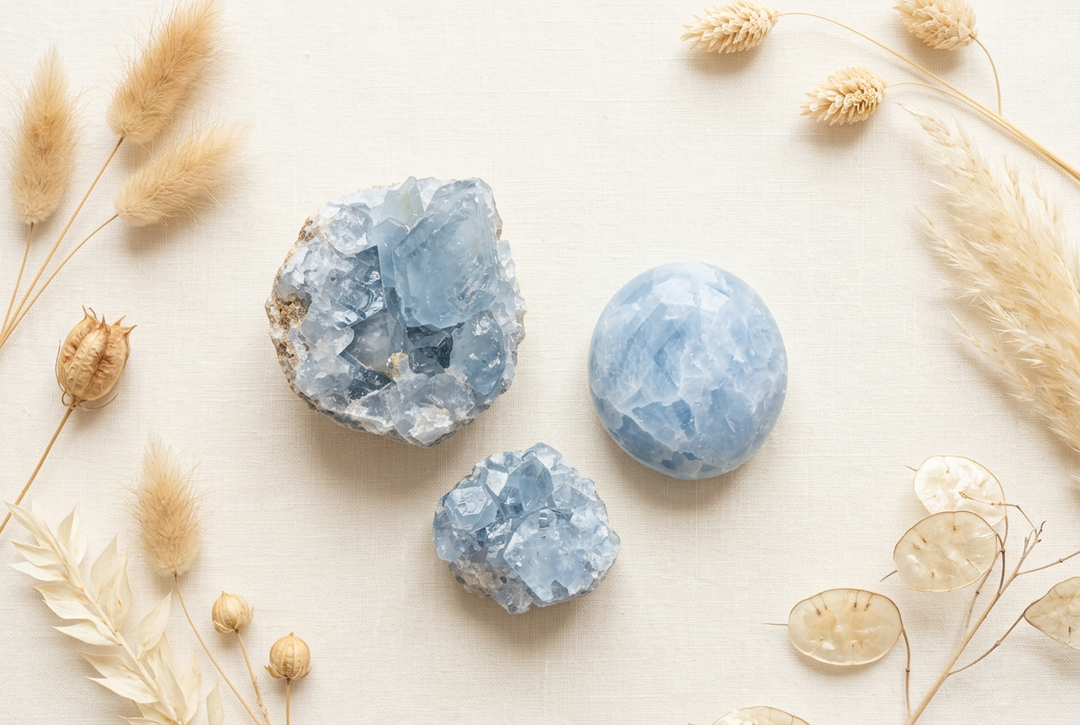 Two pale blue celestite crystal clusters and a polished palm stone on warm cream linen with dried botanicals.