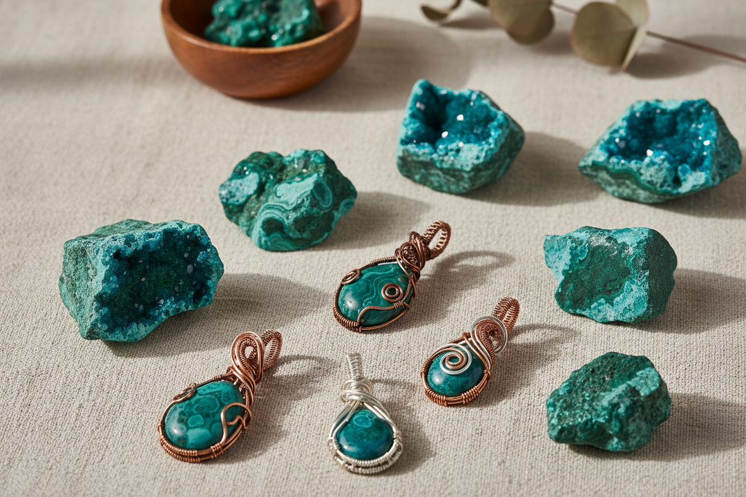 Vibrant chrysocolla crystals and wire-wrapped pendants, showcasing their unique blue-green hues and healing energy.