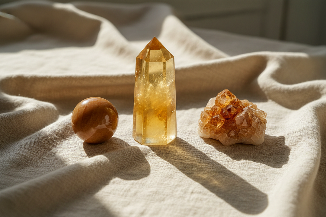 Natural Citrine crystals including a tower, sphere, and raw cluster arranged on warm cream linen in soft natural light