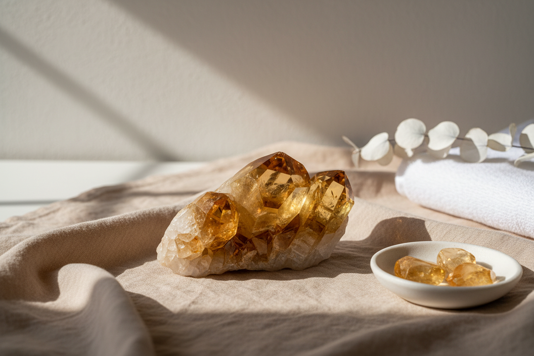 Golden Citrine crystals arranged on warm beige linen in soft morning light