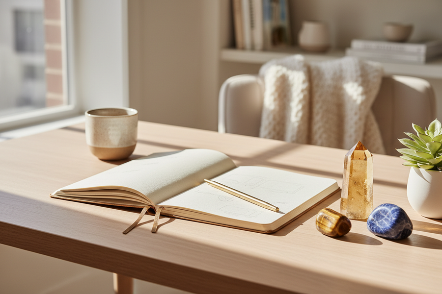 Citrine point, tiger's eye, and sodalite crystals arranged on a bright desk beside an open notebook and a coffee cup, crystals for focus and concentration