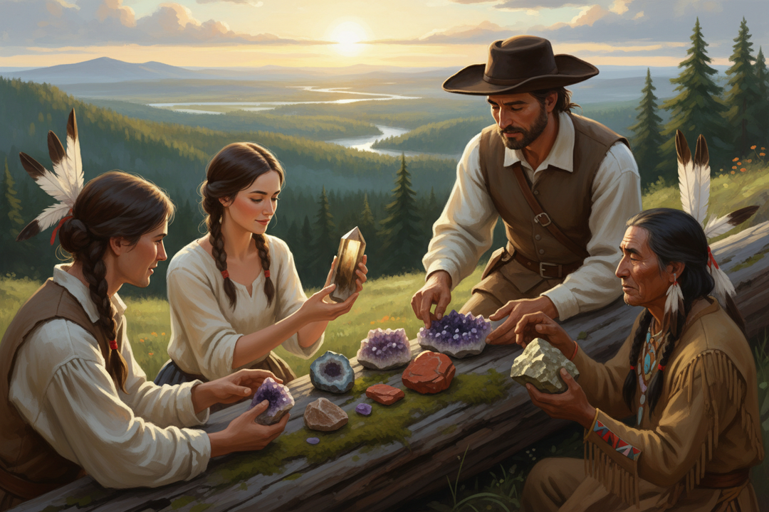 Colonial American settlers and Native Americans peacefully trading crystals and minerals together in warm golden light, with quartz, amethyst, and jasper stones exchanged in a spirit of curiosity and respect, set against an American wilderness landscape.
