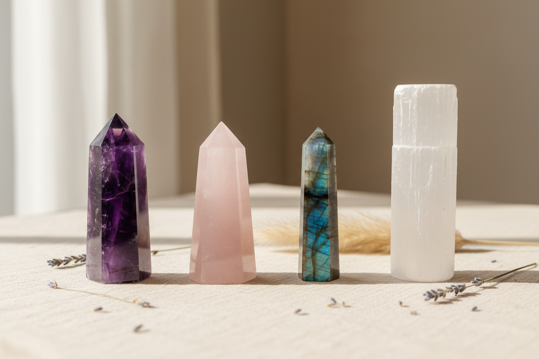 Four colorful crystal shapes on a cream linen surface: a purple amethyst tower, pink rose quartz obelisk, iridescent labradorite wand, and white selenite pillar in soft natural light.