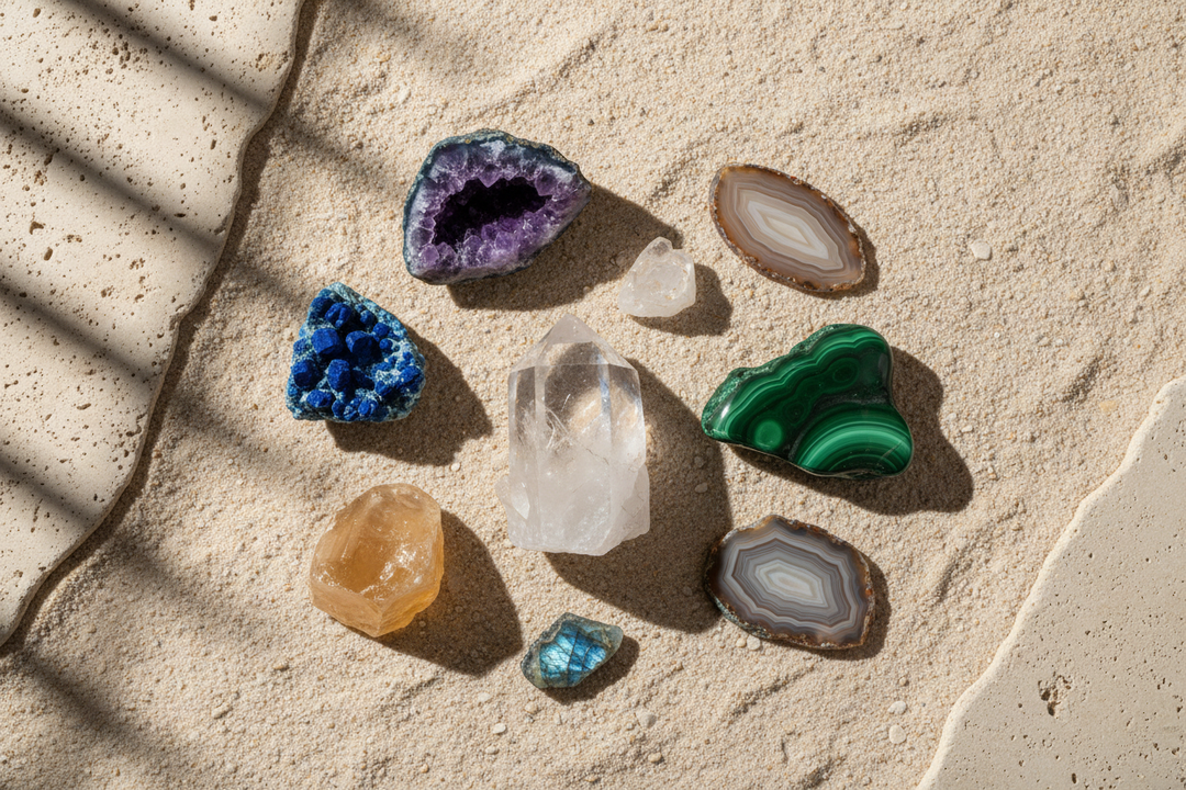 A bright arrangement of colorful natural mineral specimens including quartz, amethyst, malachite, azurite, calcite, agate, and labradorite on a warm-neutral stone surface