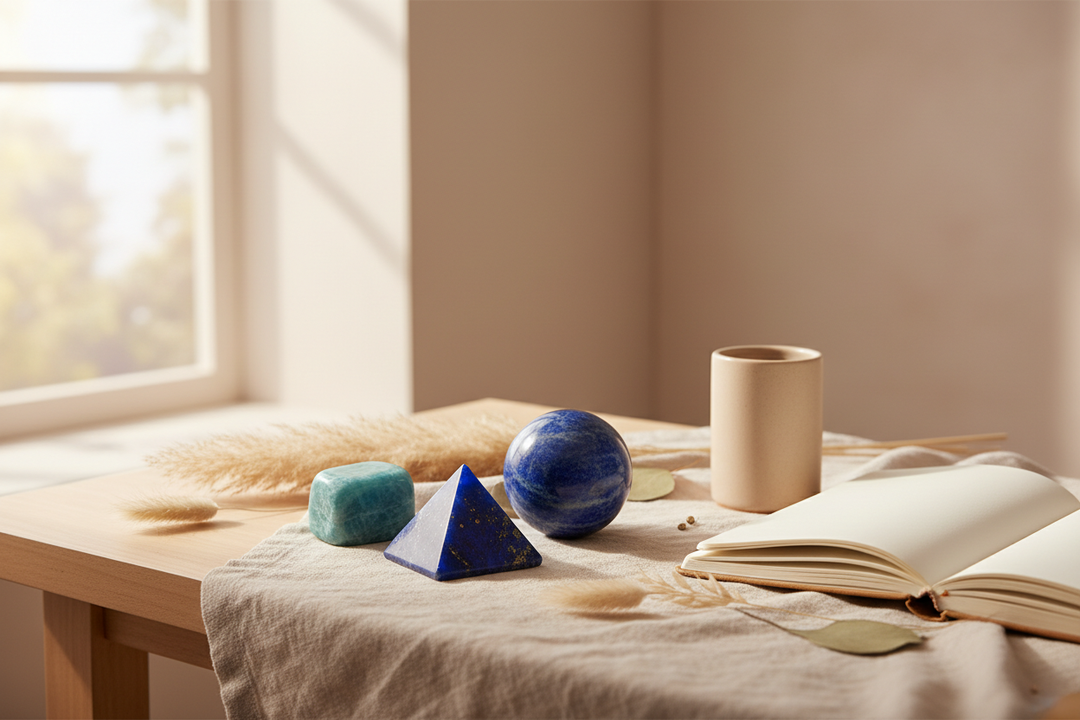 Amazonite, Sodalite, and Lapis Lazuli crystals arranged beside an open journal in a bright, warm-neutral writing space