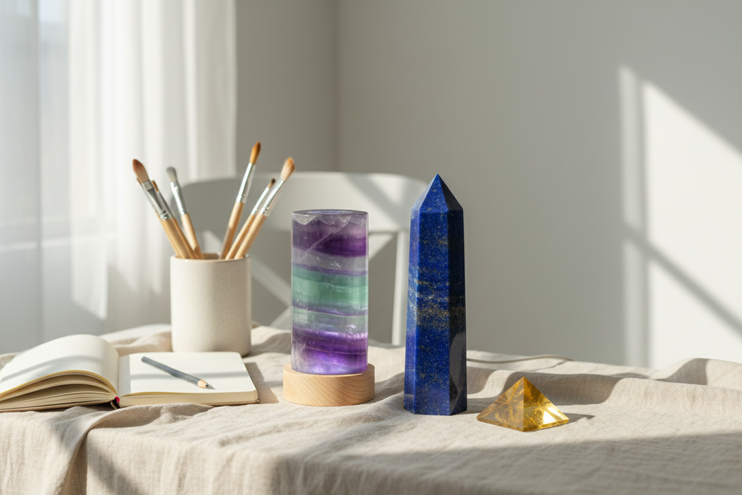 Deep blue Lapis Lazuli tower, glowing banded Fluorite lamp, and golden Citrine pyramid arranged on cream linen beside an open sketchbook, symbolizing creativity and inspiration