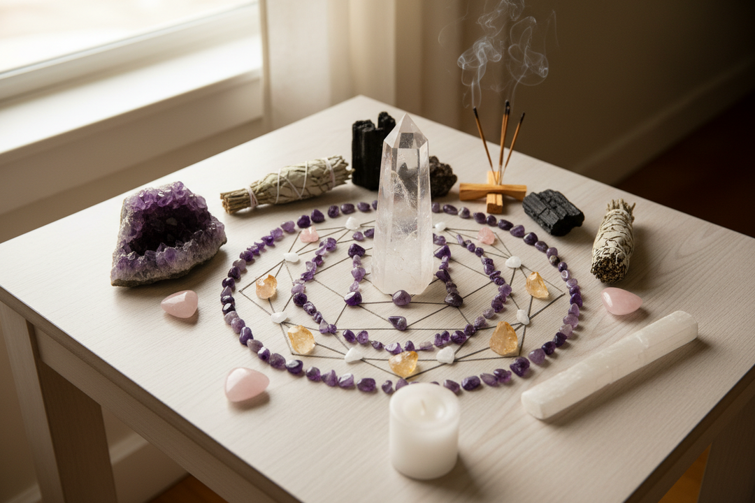 Crystal altar with a clear quartz tower, amethyst geode, pink crystals, and burning incense.