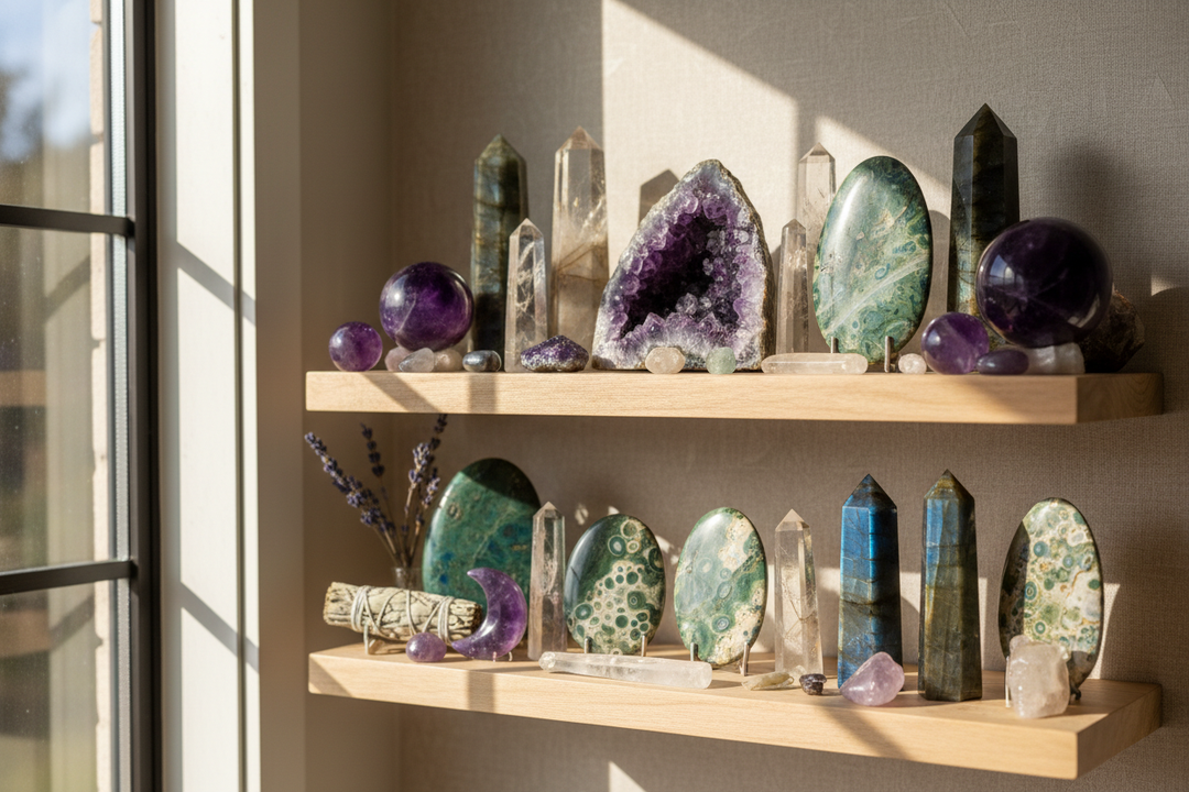 Diverse crystal collection display featuring spheres, towers, raw specimens and carved crystals arranged aesthetically
