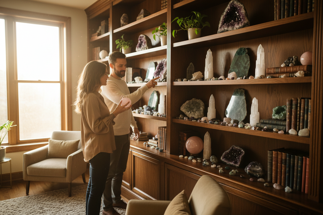 A man and woman admiring a curated crystal collection displayed on wooden bookcase shelves, featuring amethyst clusters, selenite towers, rose quartz spheres, and fluorite slabs.