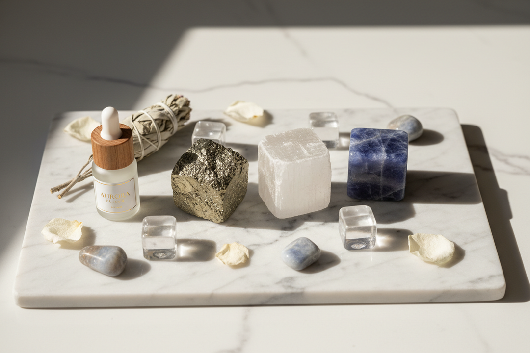 Pyrite, selenite, and blue calcite crystal cubes arranged on a white marble surface