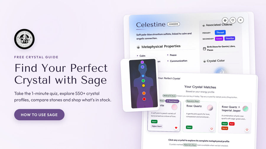 Crystal Destiny Sage free crystal guide showing a Celestine crystal profile, quiz matches and the chakra map