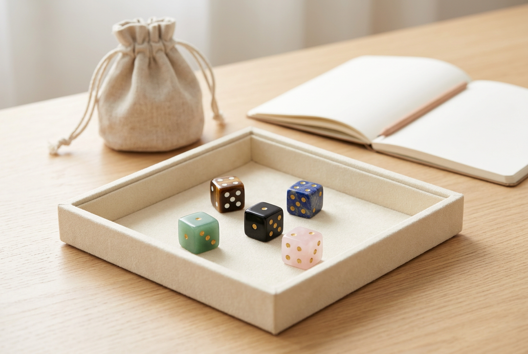 Green aventurine, tiger eye, obsidian, lapis lazuli and rose quartz dice in a cream tray beside a linen pouch and open notebook.