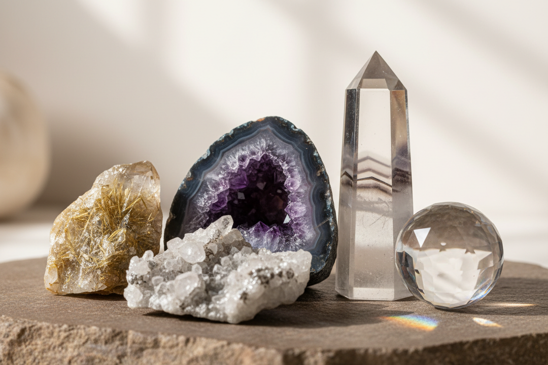 Assorted crystals: a clear quartz tower, geode, druzy, rutilated quartz, and sphere, showcasing formations.