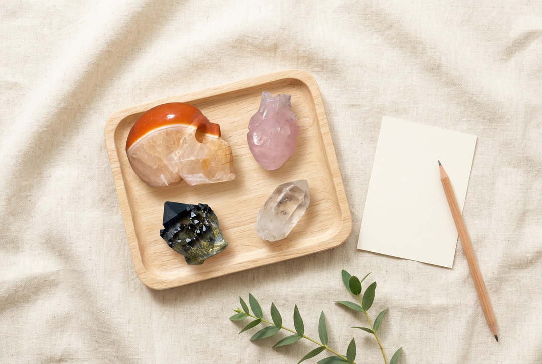 Carnelian and Quartz skull, Rose Quartz heart, Smoky Quartz cluster, and Clear Quartz point arranged on a tray beside a notecard