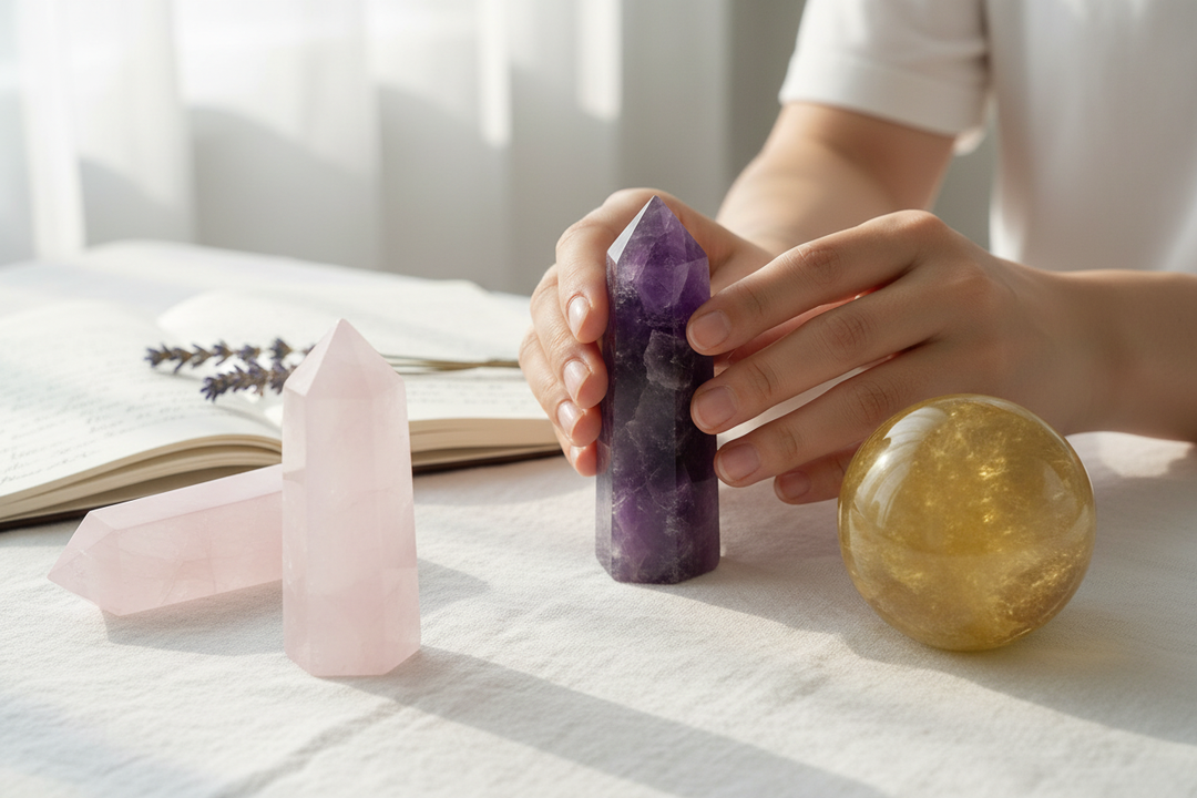 Woman holding an Amethyst tower with Rose Quartz and Citrine crystals on white linen beside a journal — setting intentions with crystals