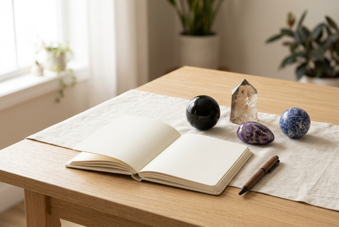 Obsidian and sodalite spheres, a smoky quartz tower, and an amethyst freeform beside an open journal on a sunlit wooden table.