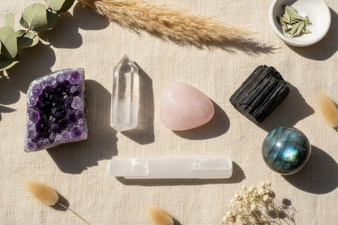 Six crystals arranged for meditation on warm cream linen: amethyst cluster, clear quartz point, rose quartz palm stone, raw black tourmaline, selenite wand, and labradorite sphere with soft natural light and dried botanicals