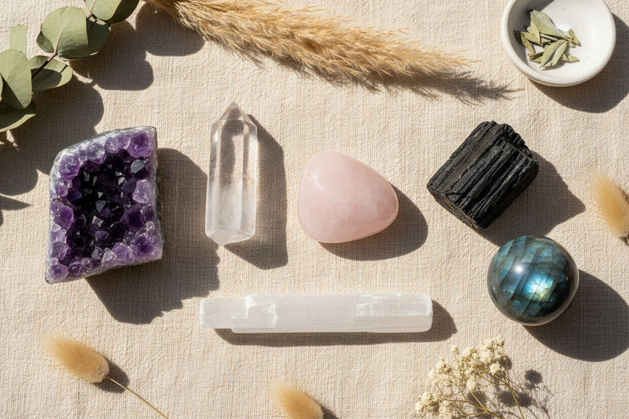 Six crystals arranged for meditation on warm cream linen: amethyst cluster, clear quartz point, rose quartz palm stone, raw black tourmaline, selenite wand, and labradorite sphere with soft natural light and dried botanicals