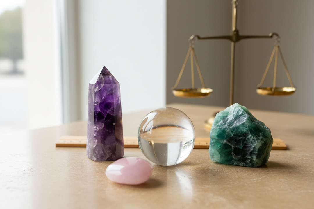 Natural crystal specimens arranged with a ruler and balance scale on a warm-neutral stone surface