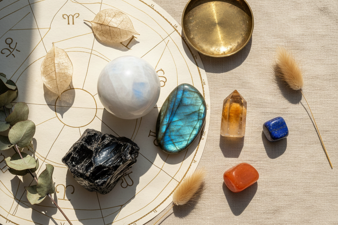 Six crystals arranged on warm cream linen over an astrology birth chart wheel: moonstone sphere, labradorite palm stone, black obsidian, citrine point, lapis lazuli tumbled stone, and carnelian, with soft natural light and dried botanicals