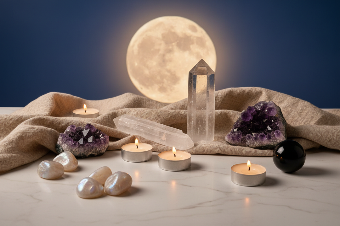 A flat lay of lunar crystals including moonstone, selenite wand, clear quartz point, amethyst cluster, and obsidian sphere arranged on white marble under a glowing full moon, with warm candlelight and a linen cloth.