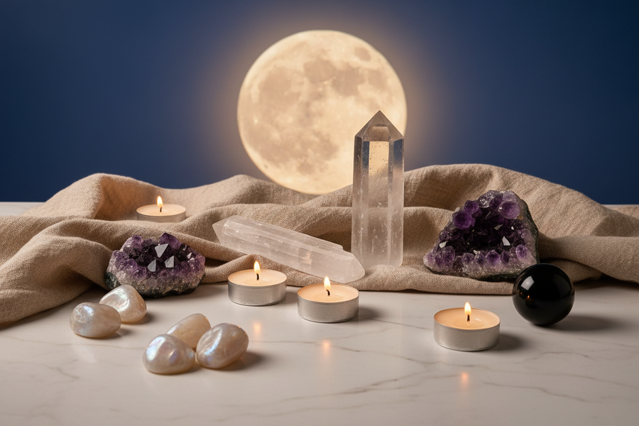 A flat lay of lunar crystals including moonstone, selenite wand, clear quartz point, amethyst cluster, and obsidian sphere arranged on white marble under a glowing full moon, with warm candlelight and a linen cloth.