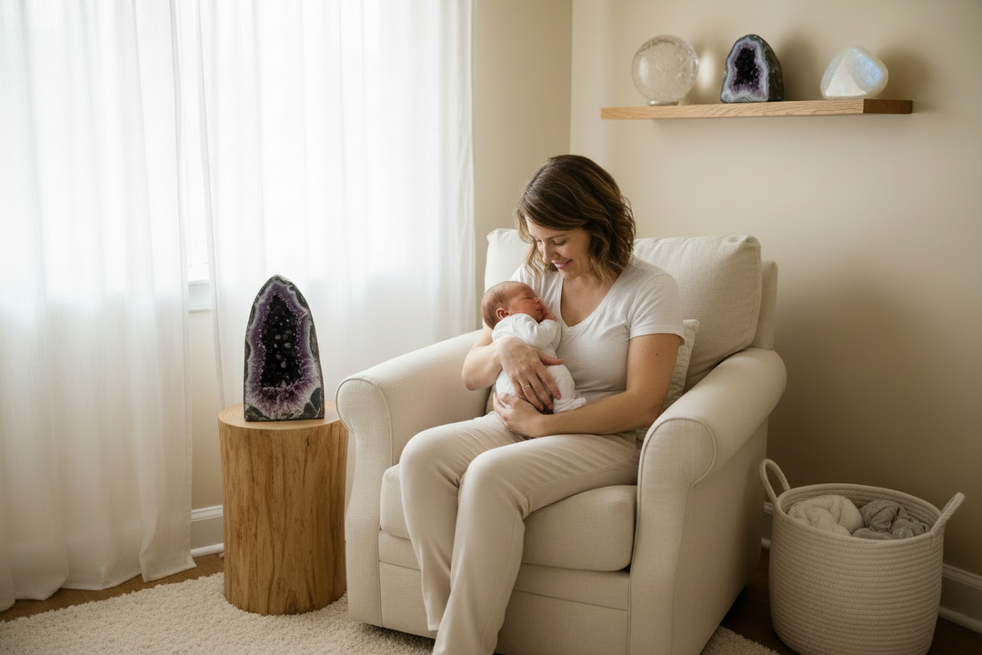 A mother cradles her newborn near a large amethyst geode, with other crystals on a shelf above.