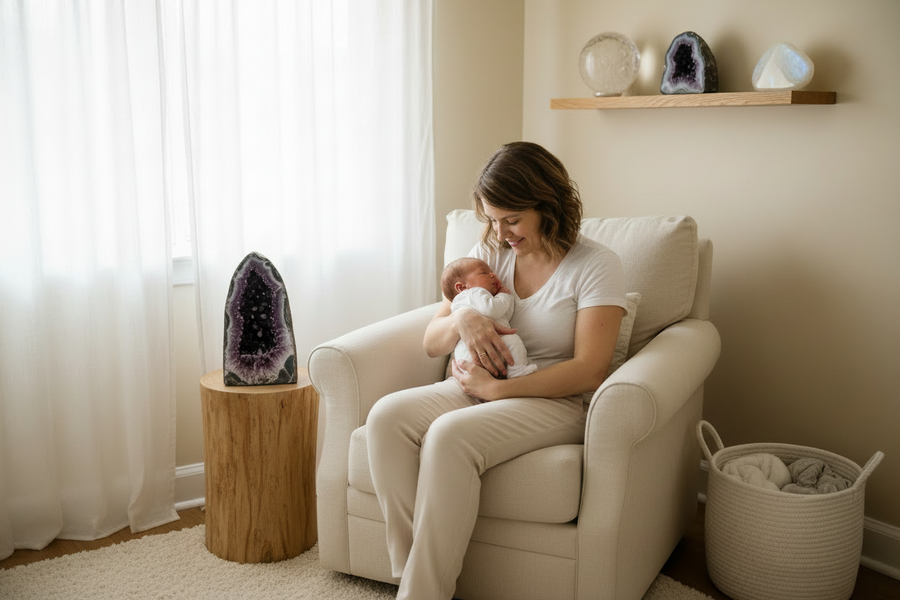 A mother cradles her newborn near a large amethyst geode, with other crystals on a shelf above.