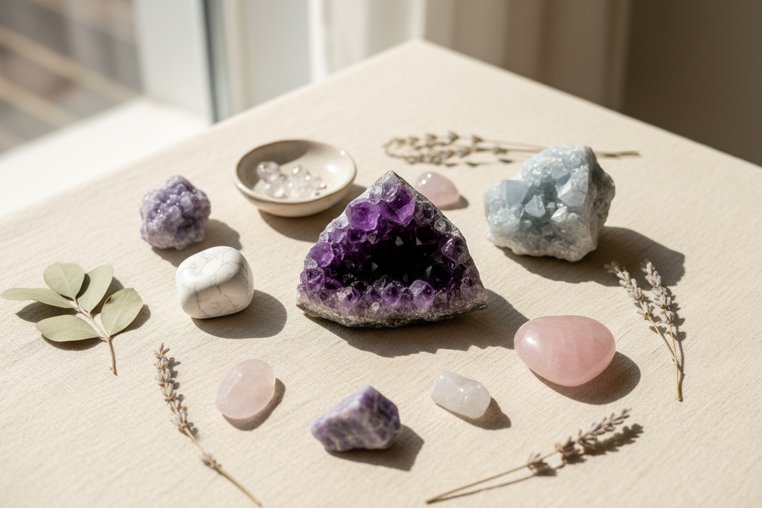A flat lay of calming crystals for anxiety including amethyst, howlite, celestite, lepidolite, and rose quartz arranged on warm cream linen with soft natural light and dried botanicals.