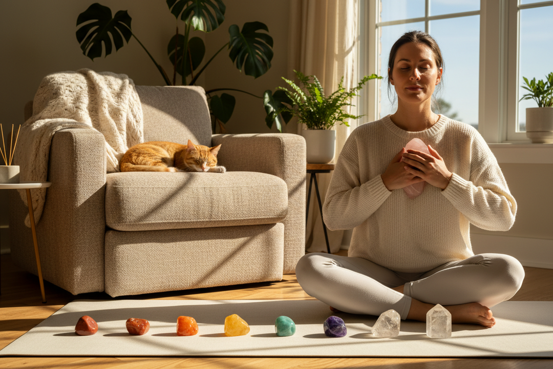 Woman meditating on a yoga mat holding a rose quartz crystal at her heart, with seven chakra crystals arranged in front of her and a cat sleeping on an armchair behind her, in a warm sunlit home interior.