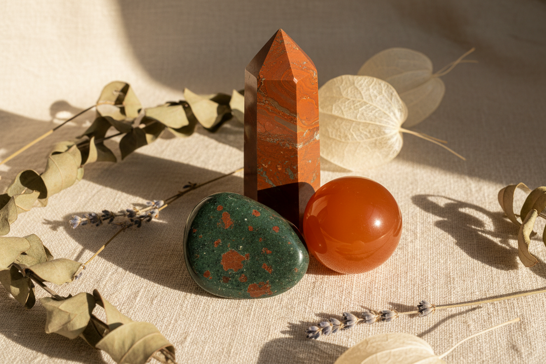 Bloodstone, Carnelian, and Red Jasper crystals arranged on cream linen with dried botanicals for inflammation and circulation support